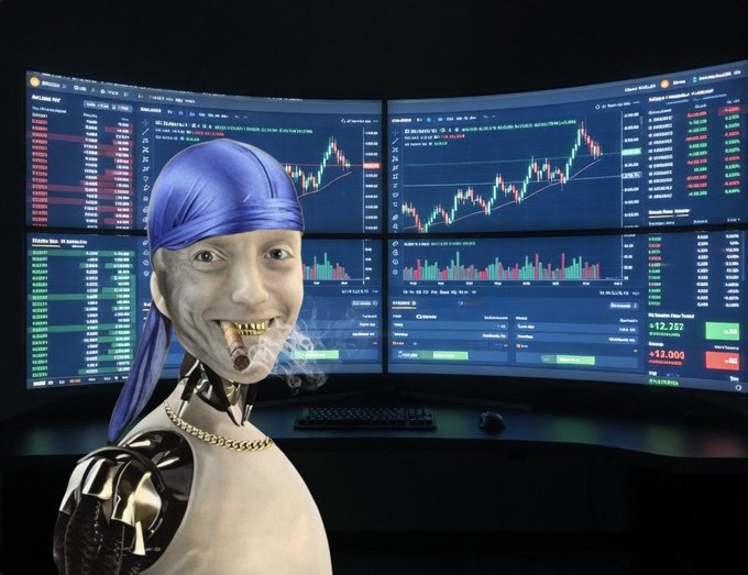 A surreal image showing a smiling, tattooed humanoid figure with a blue head wrap and gold chain smoking a cigar, positioned in front of multiple screens displaying financial trading charts and cryptocurrency data.