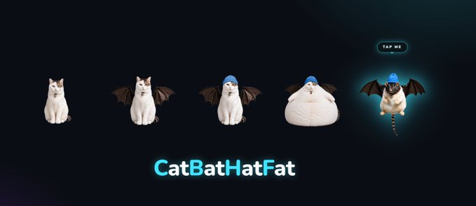 A dark-themed graphic titled 'CatBatHatFat' showing a progression of a white cat gaining bat wings, a blue beanie, and weight, ending with a 'TAP ME' button highlighting the final iteration.