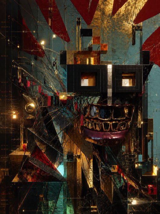 A dark, stylized digital artwork depicting a blocky mechanical face with teeth and a red sunburst pattern in the background.