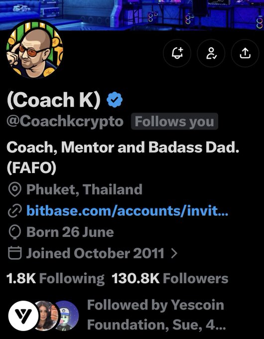 The image shows the Twitter/X profile of **Coach K (@Coachkcrypto)**, a verified account with 130.8K followers based in Phuket, Thailand, who describes himself as a "Coach, Mentor and Badass Dad." The accompanying post is promoting a 100 USDT giveaway that requires participants to follow Coach K and engage with his content, using the profile screenshot as a visual reference to the account they need to follow.