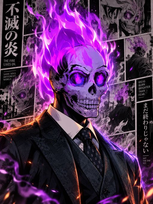Anime-style illustration of a skeletal figure in a suit with flaming purple hair, featuring text including '不滅の炎', 'THE FIRE LIVES ON', 'SAME SOUL DIFFERENT WORLD', 'IDEAS BURN BRIGHTER THAN FEAR', and 'また終わりじゃない'.