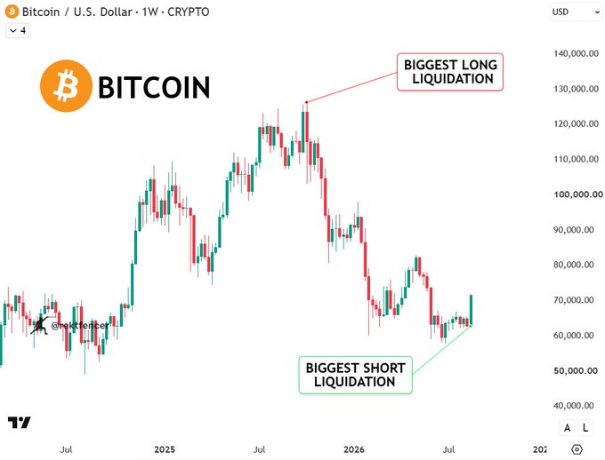 A weekly Bitcoin/USD chart highlights two key liquidation events: a "$16B biggest long liquidation" at the ~$125,000 top and a "$3B biggest short liquidation" near the ~$60,000 bottom, visually supporting the post's thesis that major liquidation cascades mark cycle highs and lows.