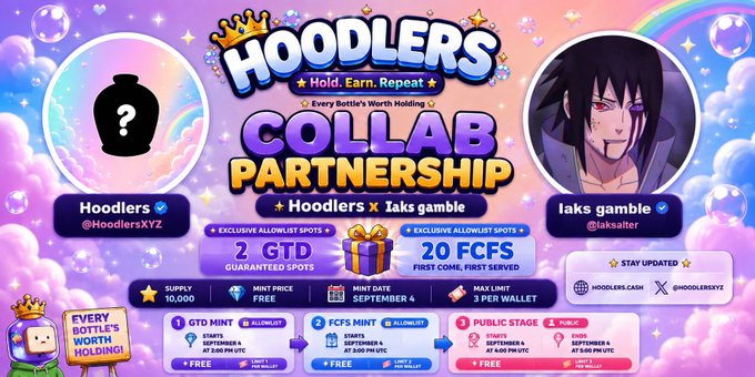 A promotional graphic titled 'HOODLERS COLLAB PARTNERSHIP' between 'Hoodlers' (@HoodlersXYZ) and 'laks gamble' (@laksalter) featuring an anime character and detailing a September 4 mint event.