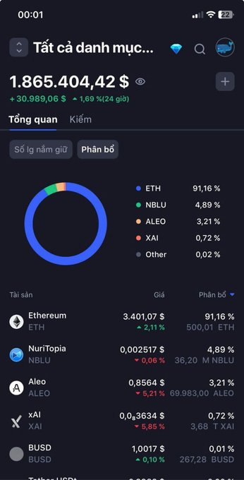 The image shows an iPhone screen displaying information related to cryptocurrency trading. The screen has various icons representing different cryptocurrencies such as Bitcoin, Etherum, Nutonomy, and others. It also displays a chart showing the price of these digital assets over time. The text on the screen is in Vietnamese, which suggests that it might be a foreign language or a translation app is being used to display the information.