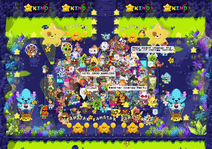 A dark-mode pixel-art scene filled with KANSTAR characters and banners, with chat messages reading 'they didn't change the price of energy tokens,' 'LETS GOOO KANSTAR,' and 'rister' amid a 'Kanstar Energy Party' event.