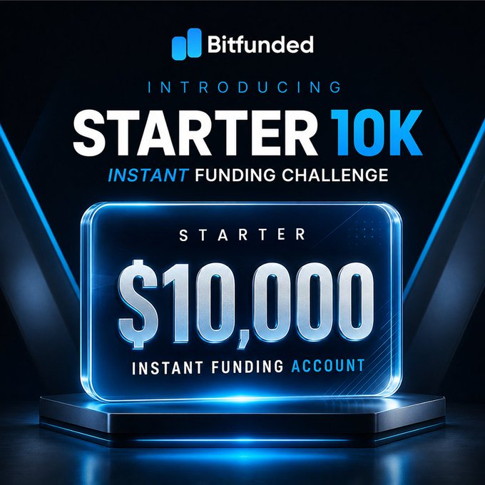 The image is a promotional graphic by Bitfunded announcing the launch of their new "Starter 10K" Instant Funding Challenge, featuring a glowing blue digital display showing a $10,000 instant funding account available to traders without evaluations or challenges.