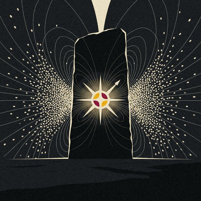 A glowing compass-like emblem with golden rays sits centered on a dark monolith, surrounded by radiating lines and dotted halos that resemble magnetic field patterns—visually echoing "The Accumulation Engine; sacred magnetism" by depicting a magnetic, attraction-based force emanating from a central symbol.