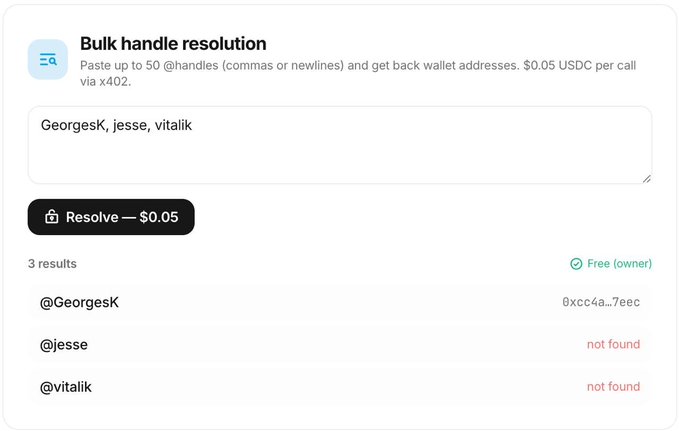 The main text in this post is about a bulk handle resolution process that has been updated with an improved UI. This new interface allows anyone to paste up to 50@handles into the form and get every wallet address back for $0.05 USDC, through a call via x402. The post also provides information on how to resolve this issue by resolving it via a bulk handle solution, which can be accessed at URL: baseusdp/handle/resolve, as evidenced in the image.