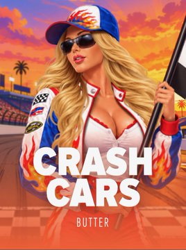 A bold promotional image for "CrashCars" on the Roo and Stake gaming platforms features a stylized blonde woman in a racing suit and flame-print cap holding a flag, with the word "BUTTER" beneath the title. The accompanying post celebrates the game's launch with a $500 giveaway tied to likes and reposts, noting the $66,000 total development cost.