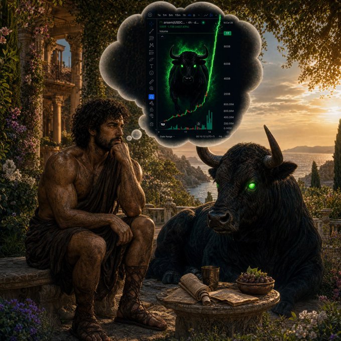 A digital illustration of a muscular, bearded man in a toga sitting in thought next to a black bull with glowing green eyes, with a thought bubble showing a green crypto chart featuring a bull.