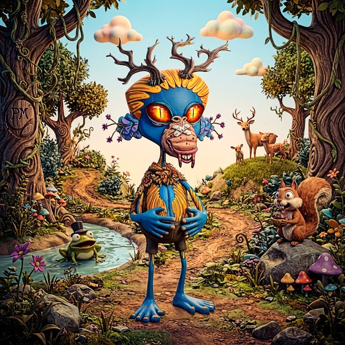 A blue, antlered mutant creature with glowing red eyes stands in a whimsical forest surrounded by woodland animals including a frog in a top hat, a squirrel with a nut, and deer, fitting the "Mutant Monday" theme from @MoonApeLab #MAL.