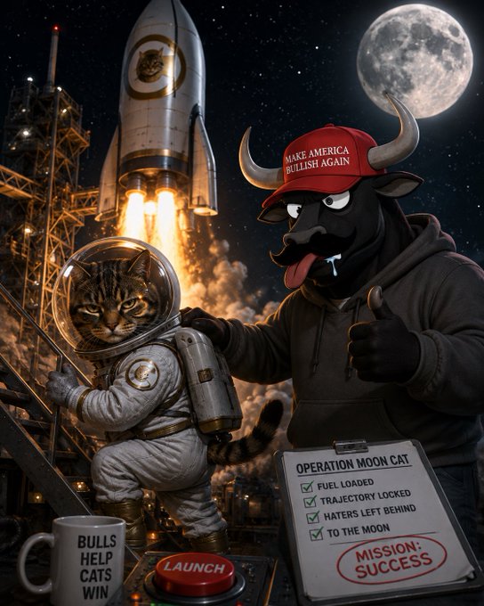 AI-generated meme of a cat in an astronaut suit beside a bull wearing a 'MAKE AMERICA BULLISH AGAIN' hat, with a clipboard reading 'OPERATION MOON CAT' and 'MISSION: SUCCESS'.