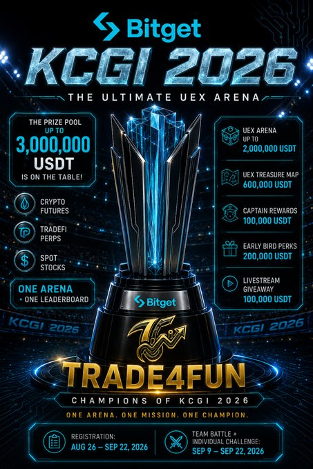 A promotional poster for 'KCGI 2026 - THE ULTIMATE UEX ARENA' by Bitget, advertising a prize pool of up to 3,000,000 USDT across categories including crypto futures, TradeFi perps, and spot stocks, with registration from Aug 26 to Sep 22, 2026.