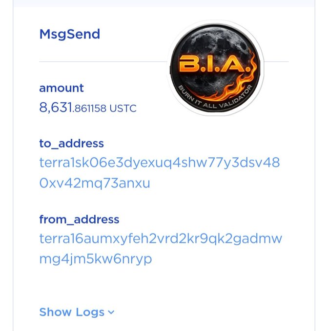 A Terra blockchain transaction screenshot showing a MsgSend of 8,631.861158 USTC from address terra16aumxyfeh2vrd2kr9qk2gadmwmg4jm5kw6nryp to address terra1skO6e3dyexuq4shw77y3dsv48O0xv42mq73anxu, featuring the B.I.A. (Burn It All Validator) logo with its flame design. The transaction confirms the 151st consecutive week of USTC buyback and burn by Burnitall Validator, as referenced in the accompanying community post.