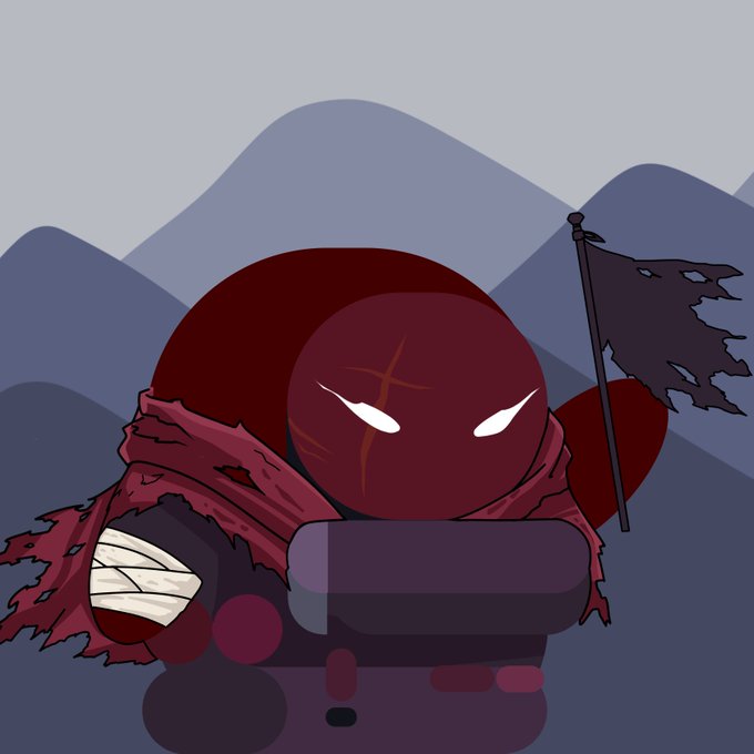 A 2D cartoon illustration of a hooded red ninja warrior with glowing white eyes, carrying a dark, tattered flag against a backdrop of gray mountains.