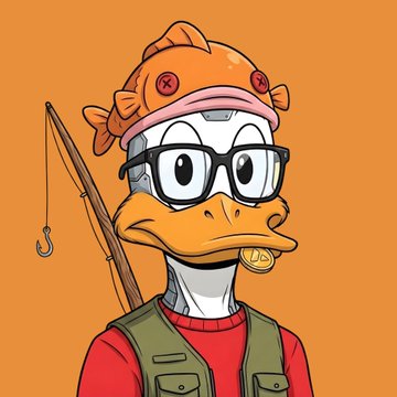 The image features a cartoon duck wearing glasses, an orange hat with fish designs, and holding a fishing rod. The duck appears to be dressed as a fisherman or duck who loves fishing. The caption "Just picked up a couple more @headuck_avax Let's Quack" suggests that the post is related to the cartoon character in some way, possibly as part of a discussion about the character or its story.