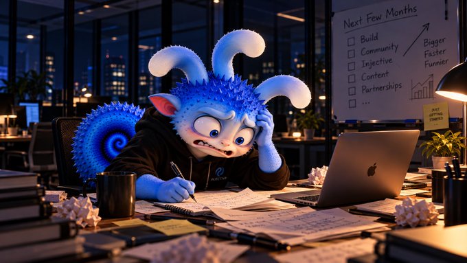 A stylized 3D illustration of a blue spiky cartoon creature with long ears looking stressed while working at a desk with a MacBook laptop, papers, and a whiteboard listing 'Next Few Months' goals like Build, Community, Injective, Content, and Partnerships.