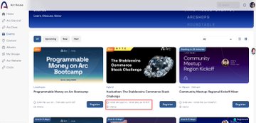 The image shows the Arc x Hackathon dashboard on Igbyte, displaying an "About $25,000 in prizes" banner and three project submissions: "Programmable Money on Arc Bootcamp," "The Stablecoins Commerce Stack Challenge" (highlighted with a red box), and "Community Meetup Region Kickoff," with blue "Register" buttons beneath each. This relates to the post by reminding hackathon participants that only two days remain to submit their stablecoin and RWA-related projects to the highlighted Stablecoins Commerce Stack Challenge before the 7-13 deadline.
