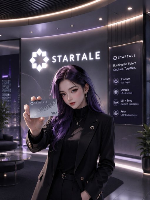 A promotional image featuring a woman with purple hair in a black suit holding a Startale Visa card, with text reading 'STARTALE - Building the Future Onchain, Together' and listing projects like Sonelium, Startale, SBI + Sony, and Astar.