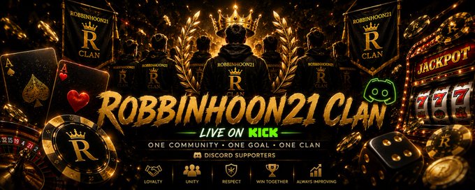 A promotional banner for the "ROBBINHOON21 CLAN" featuring gaming imagery like playing cards, dice, and a jackpot slot machine, with text reading "LIVE ON KICK," "ONE COMMUNITY • ONE GOAL • ONE CLAN," "DISCORD SUPPORTERS," and core values like "LOYALTY, UNITY, RESPECT, WIN TOGETHER, ALWAYS IMPROVING." The image ties to a 1 SOL giveaway contest where participants must set the banner as their X profile to be eligible for one of five 0.25 SOL prizes.