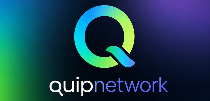 The image features a logo for Quip Network, which is an online platform that allows users to create and manage their own networks of crypto nodes. The logo consists of a blue circle with a green "Q" inside, surrounded by a gradient background transitioning from dark purple at the top to light blue at the bottom. The text "quipnetwork" is written in white letters below the logo.