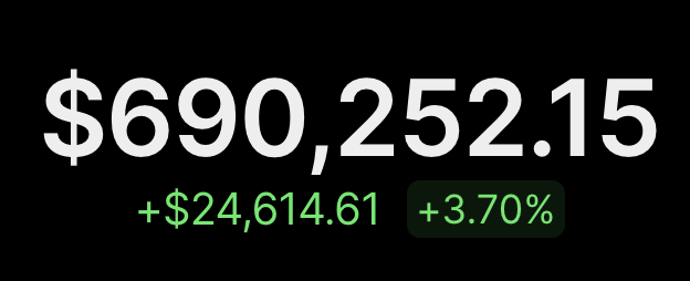 A digital display showing a balance of '$690,252.15' with a daily increase of '+$24,614.61 (+3.70%)' in green.