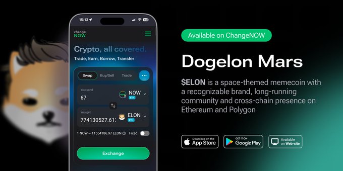 A promotional graphic for ChangeNOW featuring the Dogelon Mars ($ELON) token, showing a woman in a yellow floral outfit smiling beside a smartphone displaying a crypto swap interface converting tokens to ELON. The image reinforces the post's message about swapping $ELON easily through ChangeNOW without account setup, with a "changeNOW" badge at the bottom directing users to the Web-site.