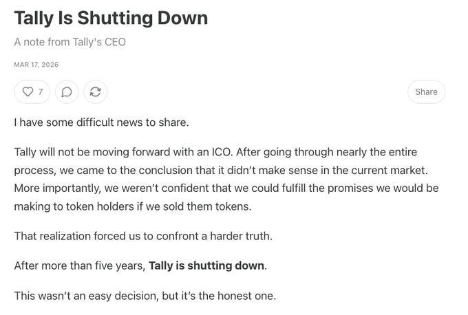 A blog post titled 'Tally Is Shutting Down - A note from Tally's CEO' dated March 17, 2026, announcing that Tally will not proceed with an ICO and is shutting down after five years.