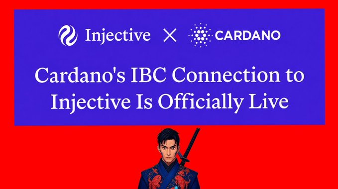 A red graphic announces "Injective x CARDANO" with the text "Cardano's IBC Connection to Injective Is Officially Live," featuring a character illustration at the bottom.