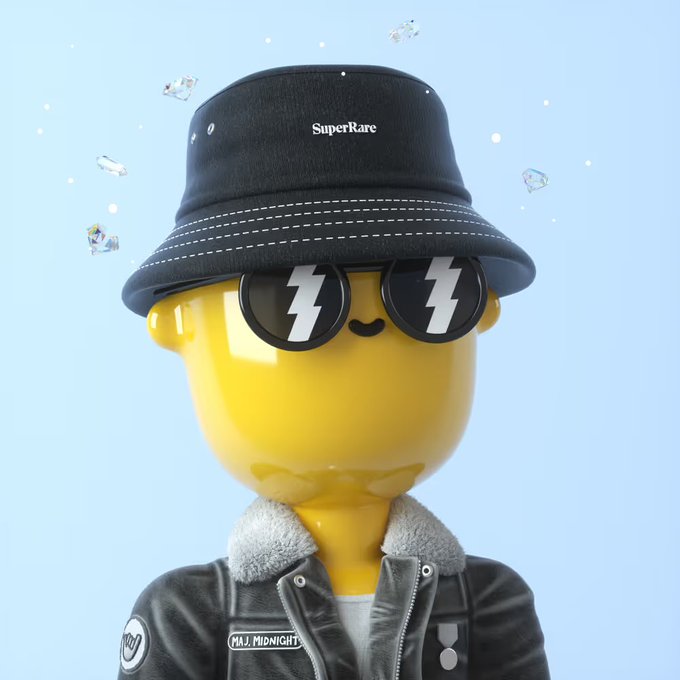 A 3D rendered yellow character wears a black 'SuperRare' bucket hat, lightning bolt sunglasses, and a leather jacket labeled 'MJ MIDNIGHT', with small diamond graphics floating nearby.