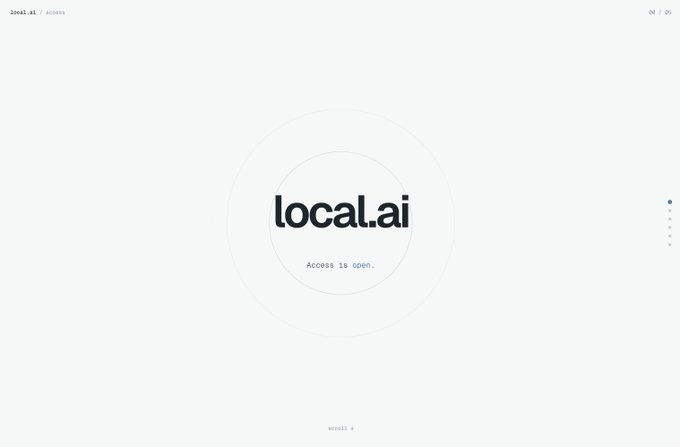 The image shows the local.ai homepage with the tagline "Access is open." displayed in the center, alongside the logo "local.ai / access" in the top left corner and the page indicator "00 / 00" in the top right. This minimalist landing page design reflects the post's mention of preparing for launch while already experiencing scaling issues from high demand before any official announcement.