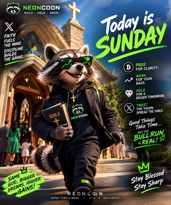 A promotional graphic for 'NEONCOON' featuring an anthropomorphic raccoon in sunglasses and a hoodie holding a Bible, with the text 'Today is SUNDAY' and motivational crypto/faith messaging.
