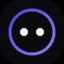 A minimalist icon featuring two white dots inside a blue circle on a black background.