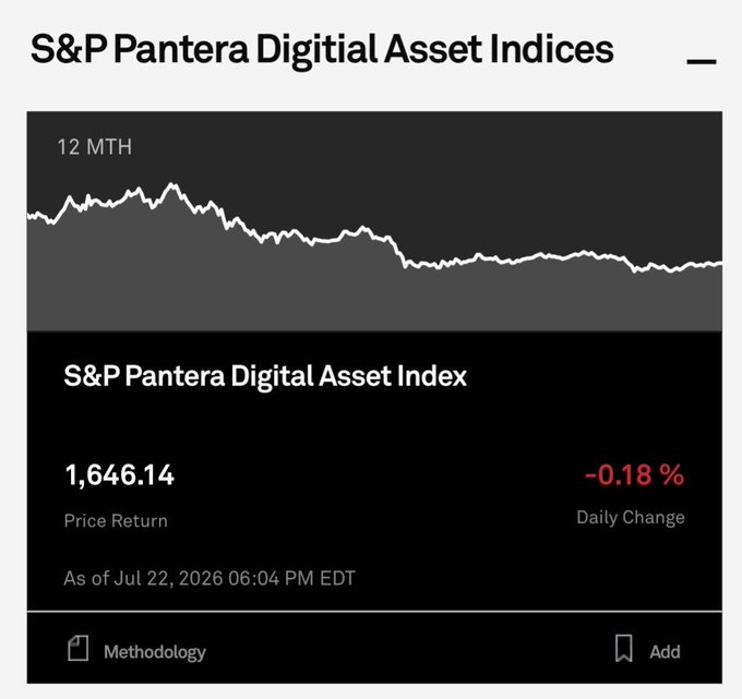 The image shows the S&P Pantera Digital Asset Index at 1,646.14, down -0.18% as of July 22, 2026, with a 12-month chart displayed. This index, referenced in the post, comprises just 18 digital assets and notably excludes Bitcoin and XRP, while featuring TRX, ETH, BNB, SOL, and HYPE among its top 5 components.