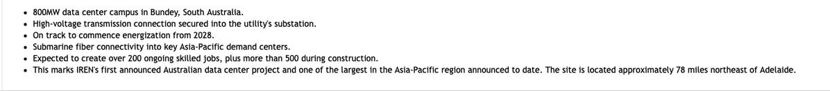 The image features a long white line with black text that reads "IREN IREN Limited announces the signing of a transmission connection agreement to support a planned 800MW data center campus in Bundey, South Australia". The text is written in a serif font style and is positioned at the bottom right corner.