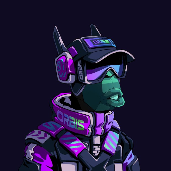 A digital illustration of a character in futuristic, purple and black gear labeled 'ORBIS,' wearing a cap with 'ORBIS' written on it, a blue visor, and a green face mask.