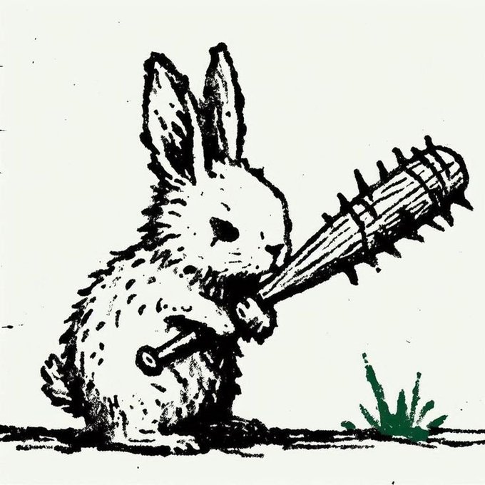 A rough black-and-white illustration depicts a rabbit-like figure carrying or playing a guitar, with a small patch of green grass at the lower right.