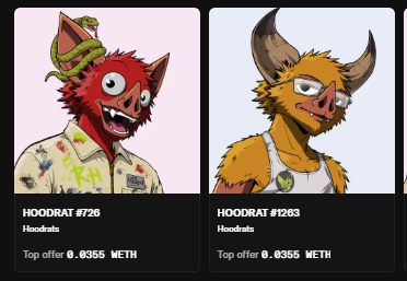 The image shows two cartoon "Hoodrat" NFT characters from the Hoodrat Coin project: #726, a red-furred cat with a green snake on its head wearing a paint-splattered shirt, and #263, a yellow-furred creature with horns. Both listings show a "Top offer 0.0355 WETH," reflecting the user's appreciation for the Hoodrat Coin project and the artist @0itsali0, as mentioned in the post.