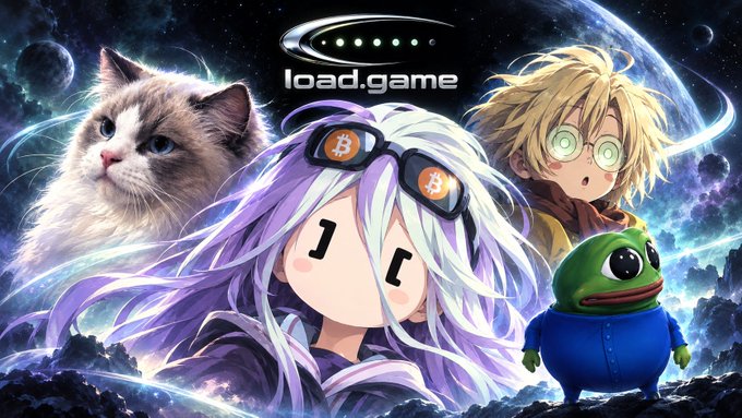 An anime-style promotional graphic for 'load.game' featuring a cat, a purple-haired character with Bitcoin sunglasses, a blonde character, and a Pepe frog against a cosmic background.