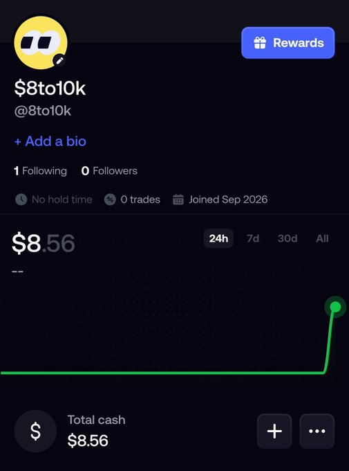 A screenshot of a financial app showing an account named '$8to10k' with $8.56 total cash, displaying a green line graph trending sharply upward.