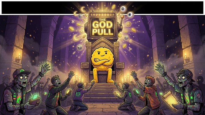 A fantasy illustration of zombies reaching toward a glowing slot machine labeled 'THE GOD PULL,' presided over by an angry yellow coin character on a throne amid flying coins.
