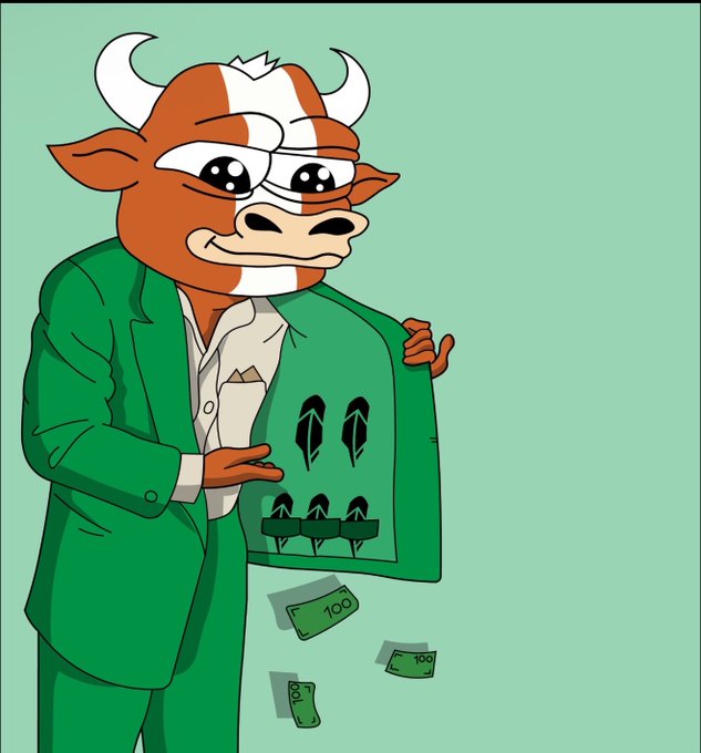 A bull in a green suit reveals his inner lining holding miniature bull figurines and money, suggesting a bullish market surge. The image visually represents the "bulls are back in town" sentiment expressed in the accompanying post to Robinhood.