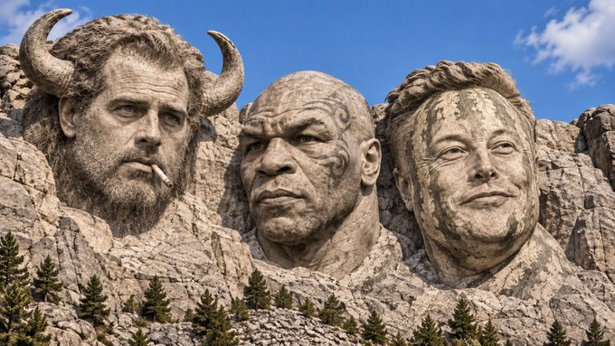 A digitally altered image of Mount Rushmore featuring three carved faces: a horned Jack Black, the character Drax from Guardians of the Galaxy, and Elon Musk.