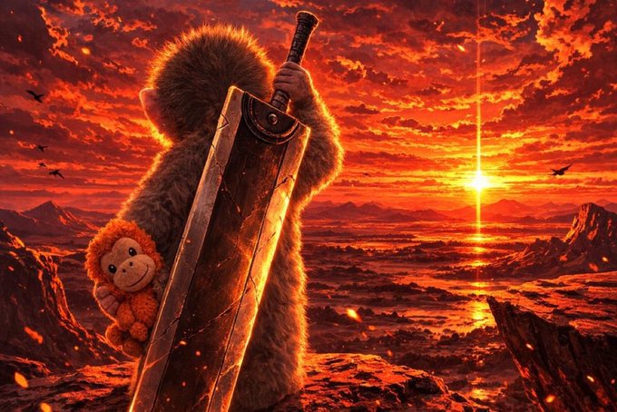 A small, fluffy character clings to a massive, cracked sword while clutching a tiny stuffed monkey, standing before a dramatic crimson sunset over a fiery wasteland—mirroring the post's call for "$punch" to be recognized as the most undervalued meme, ready for a powerful reversal.