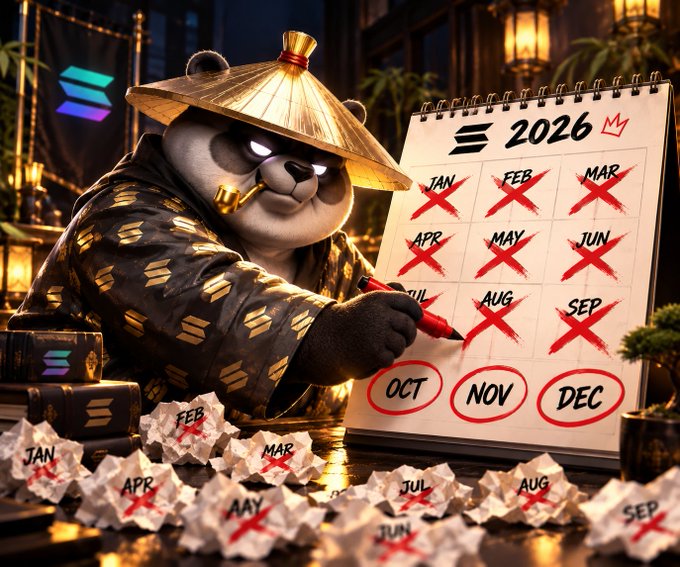 The image shows an anthropomorphic panda wearing a straw hat and patterned robe, using a red marker to cross out months on a 2026 calendar, with crumpled paper balls labeled "JAN," "FEB," "MAR," "APR," "JUL," "AUG," and "SEP" scattered around while "OCT," "NOV," and "DEC" are circled in red, symbolizing the final quarter of the year to make the most of the remaining time.