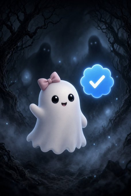 A cute 3D white ghost character with a pink bow, accompanied by a blue cloud icon with a checkmark, set against a dark spooky forest background with shadowy figures.