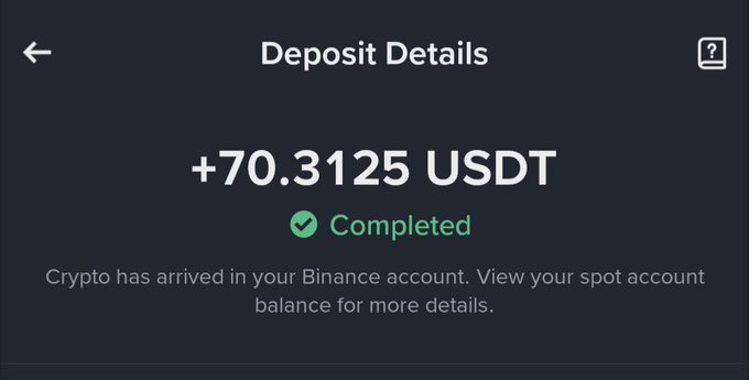 A digital 'Deposit Details' screen showing '+70.3125 USDT' marked as 'Completed' with a green checkmark, and text stating 'Crypto has arrived in your Binance account.'