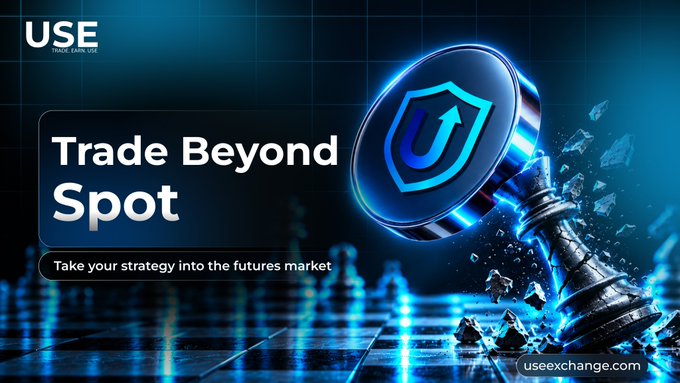 A promotional banner for USExchange reading 'Trade Beyond Spot - Take your strategy into the futures market,' featuring a shattered chess piece and the platform's shield logo.
