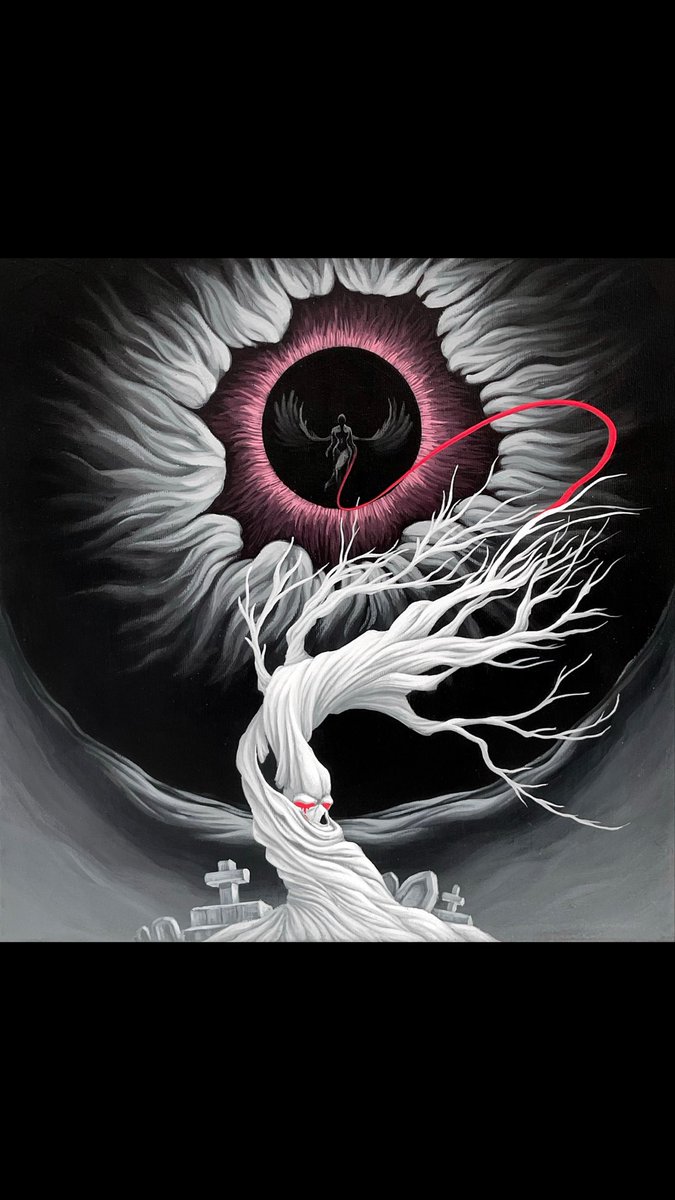 A dark, surreal digital artwork featuring a white tree with red glowing eyes, a large eye-like formation in the sky containing a winged figure, and gravestones at the bottom.