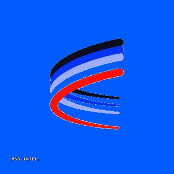 A blue logo screen displaying abstract brush-stroke arrows in black, blue, and red forming an 'E' shape, with 'MSG INTEL' text in the bottom left corner.